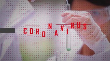 Test tüpü tutan bir bilim adamının üzerinde gri bir pankartta Coronavirus sözcüğünün animasyonu. Tıbbi halk sağlığı salgını koronavirüs salgını kavramı dijital olarak oluşturulmuş görüntü.