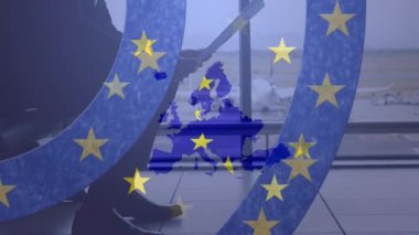 Avrupa haritasının mavi çizgili sarı yıldızlı bir havaalanında gazete okuyan bir adam üzerindeki animasyonu. Avrupa Birliği Topluluğu demokrasi kavramı dijital olarak oluşturulmuş imaj.