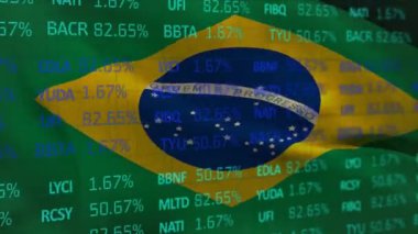 Brezilya ulusal bayrağındaki finansal veri işleme ve istatistik kayıtlarının animasyonu. Küresel finansman dijital olarak oluşturulan imaj