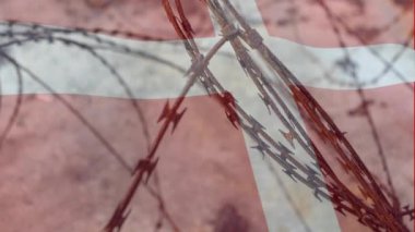 Danimarka bayrağının üzerinde dikenli tellerin hareketi. Covid 19 koronavirüs pandemik seyahat kısıtlamaları dijital bileşik.