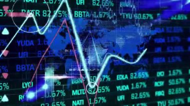 Finansal veri işleme animasyonu ve mavi dünya haritalı siyah arkaplan üzerine istatistik kaydı.