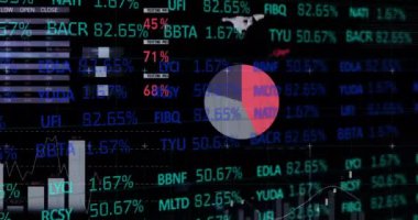 Finansal veri işleme animasyonu, istatistik kaydı, grafik ve grafikler siyah arkaplanda yüzüyor. Küresel finansman dijital olarak oluşturulan imaj
