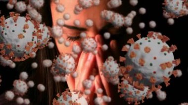 Makro Covid-19 hücrelerinin siyah arka planda yüzüne dokunan beyaz kadının üzerinde yüzmesi. Coronavirus Covid-19 pandemik konsept dijital bileşik