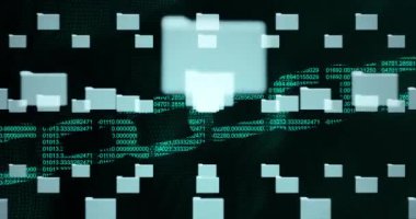 Siyah arkaplan üzerindeki verilerin işlenmesinden oluşan asma kilit ve zincir simgelerinin üzerine düşen beyaz dosya simgelerinin canlandırılması.