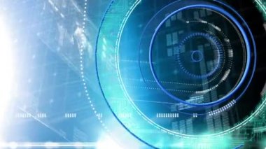 Yuvarlak bir resim tarama animasyonu ve dönen dünya modeli ve siyah ve mavi arkaplanda yüzen veri içeren bir ekran. Genel çevrimiçi güvenlik kavramı.