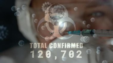 Kafkas kadınının üzerinde dolaşan makro Covid-19 hücreleriyle Toplam onaylanmış sayının arttığı biyolojik tehlike işaretinin canlandırılması. Coronavirus Covid-19 pandemik konsept dijital bileşik