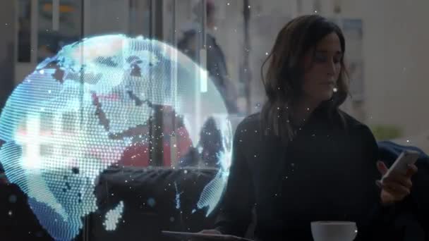 Animation Links Connections Interface Icons Globe Spinning Woman Using Smartphone — Stock Video