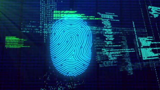Animation Scanned Fingerprint Data Processing Floating Blue Background Global Online — Stock Video