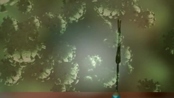 Animering Makro Covid Celler Flyter Över Injektion Den Mörka Bakgrunden — Stockvideo