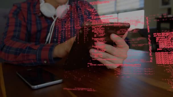 Animação Processamento Dados Com Ícones Interface Sobre Homem Usando Tablet — Vídeo de Stock