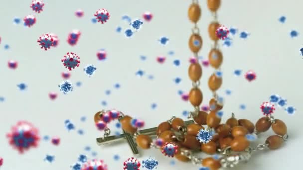 Animace Makroskopických Covid Buněk Vznášejících Nad Padajícím Růžencem Světlém Pozadí — Stock video