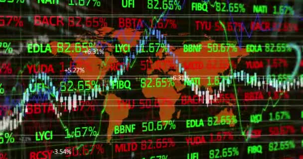 Animace Zpracování Finančních Údajů Statistiky Černém Pozadí Oranžovou Mapou Světa — Stock video