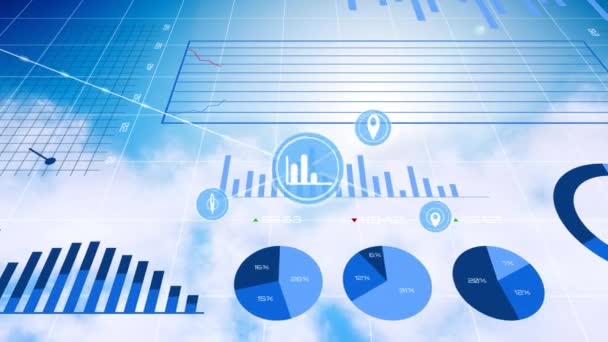 Animation Der Datenverarbeitung Mit Schnittstellensymbolen Über Wolken Himmel Globales Geschäft — Stockvideo
