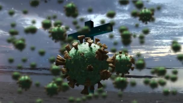 Анимация Макроклеток Ковид Плавающих Над Крестом Пляже Облаками Заднем Плане — стоковое видео