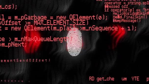 黒と赤の背景に浮かぶスキャンされた指紋とデータ処理のアニメーション グローバルなオンラインセキュリティコンセプト — ストック動画