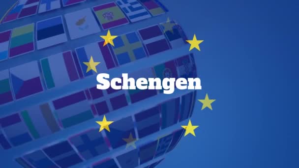 シェンゲンという言葉のアニメーションは ヨーロッパの国旗とヨーロッパの地図を持つ黄色の星で背景に書かれています 欧州連合 の民主主義の概念は デジタル画像を生成 — ストック動画