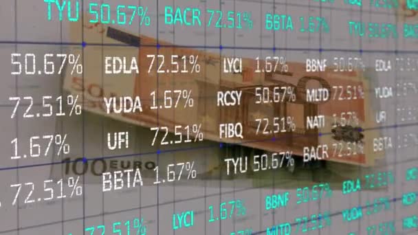 Animation der Finanzdatenverarbeitung und statistischen Erfassung auf weißem Hintergrund mit Euroschein.