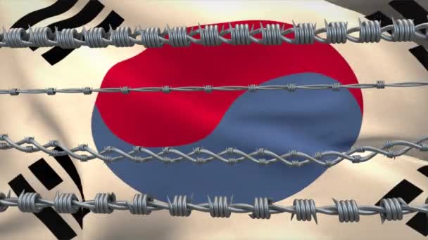 Animacja Drutu Kolczastego Nad Flagą Narodową Korei Południowej Machając Covid — Wideo stockowe
