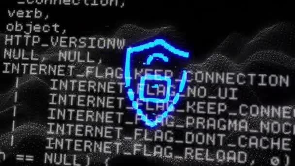 南京錠と黒の背景に浮かぶデータ処理を持つシールドのアイコンのアニメーション グローバルなオンラインセキュリティコンセプト — ストック動画