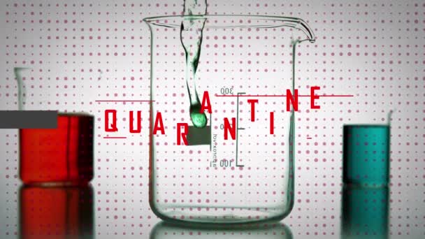 Animation Word Quarantine Grey Banner Liquid Being Poured Beaker Medicine — Stock Video