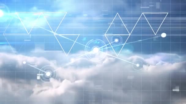 Анімація Язків Піктограмами Інтерфейсу Обробка Даних Через Хмари Небі Глобальна — стокове відео