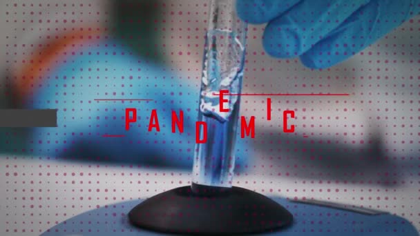 Animace Slova Pandemie Šedém Praporu Nad Vědcem Který Míchá Zkumavkou — Stock video
