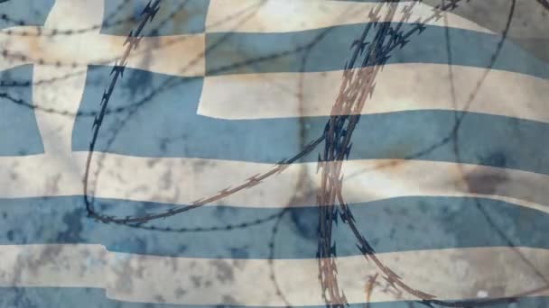 Animación Alambre Púas Sobre Bandera Nacional Grecia Ondeando Covid Coronavirus — Vídeo de stock