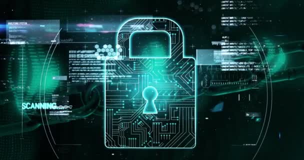 Animation d'une icône de cadenas et traitement de données flottant sur fond noir. Concept mondial de sécurité en ligne.