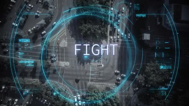 Animation Word Fight Written White Text Circular Scope Scanning Aerial — Stock Video