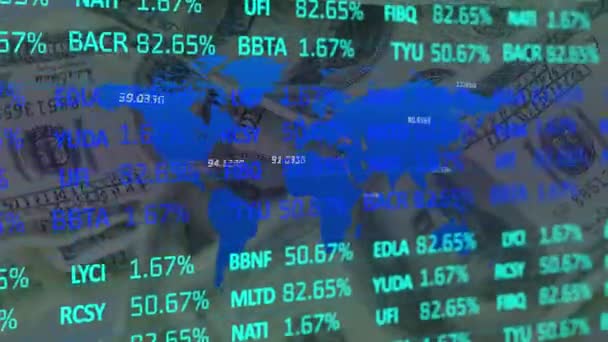 Animación Del Procesamiento Datos Financieros Mapa Wold Azul Flotando Pila — Vídeos de Stock