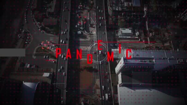Анимация Слова Пандемия Круговой Прицел Сканирующий Воздушный Обзор Дорог Автомобилей — стоковое видео
