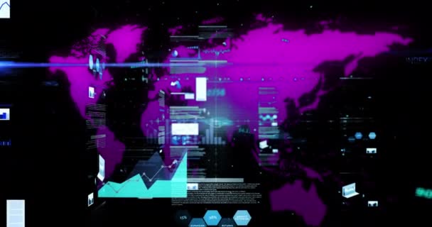 Animation du traitement des données financières et enregistrement des statistiques sur fond bleu avec carte du monde mauve. Global finance business concept image générée numériquement