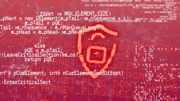 赤い背景に指紋とデータ処理を持つシールドのアイコンのアニメーション グローバルなオンラインセキュリティコンセプト — ストック動画