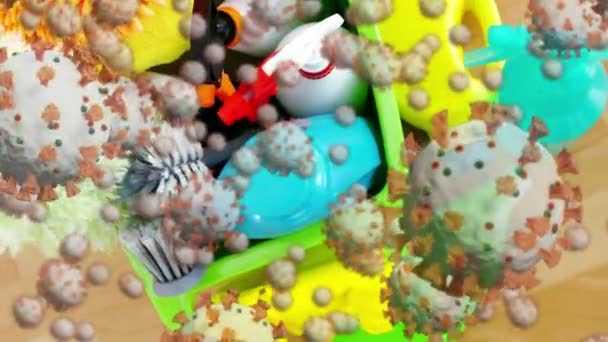 Animatie Van Macro Covid Cellen Zwevend Meerdere Schoonmaakmiddelen Die Vloer — Stockvideo