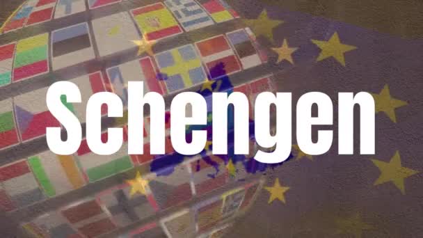 Animation Des Wortes Schengen Über Dem Hintergrund Mit Flaggen Europäischer — Stockvideo