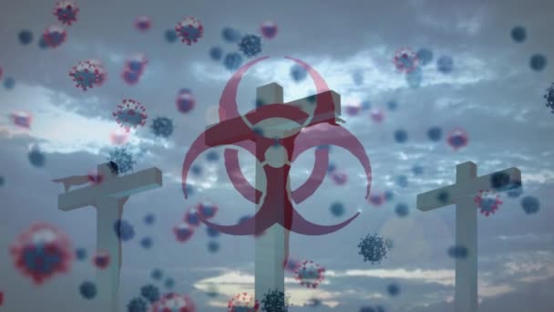 Animation Biohazard Sign Macro Covid Cells Floating Crosses Clouds Background — Stock Video