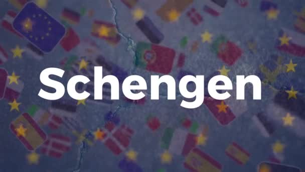 Animation Mot Schengen Écrit Sur Fond Avec Des Drapeaux Pays — Video