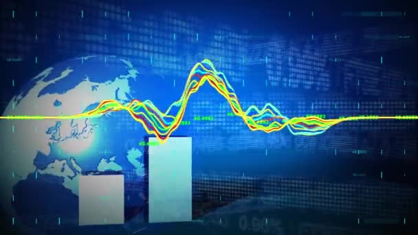 Animacja Danych Finansowych Statystyk Rejestrujących Pływające Niebieskim Tle Obracającym Się — Wideo stockowe