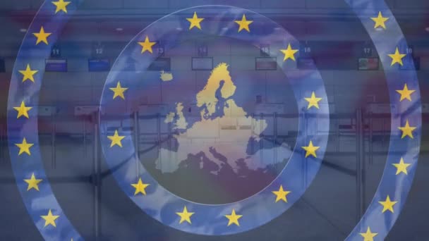 在飞机场的大门上 蓝色圆圈上挂着黄星的欧盟地图的动画 — 图库视频影像
