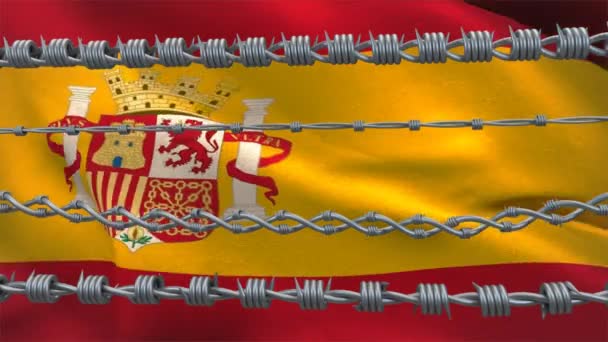 Animatie Van Prikkeldraad Boven Nationale Vlag Van Spanje Zwaaiend Covid — Stockvideo