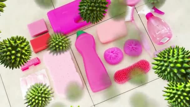 Animation Von Makro Covid Zellen Die Über Mehreren Reinigungsgeräten Schweben — Stockvideo