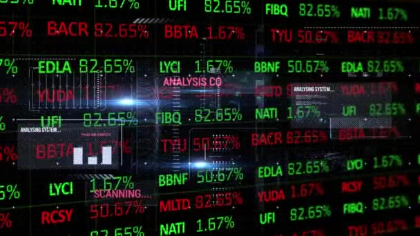 动画的金融数据处理和图表浮动在黑色背景 全球金融商业概念数字组合 — 图库视频影像