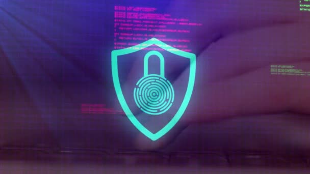 Animation Icon Shield Fingerprint Data Processing Mid Section View Man — Stock Video