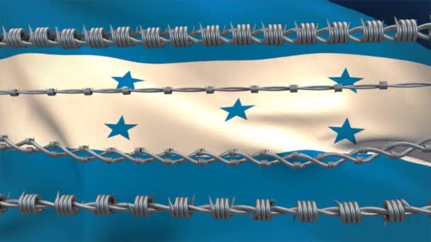 在洪都拉斯国旗上挥动铁丝网的动画 Covid Coronavirus大流行病旅行限制数字复合 — 图库视频影像