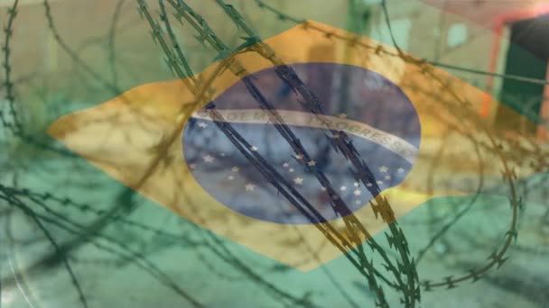 Animering Taggtråd Över Nationell Flagga Brasilien Viftar Covid Coronavirus Pandemiska — Stockvideo