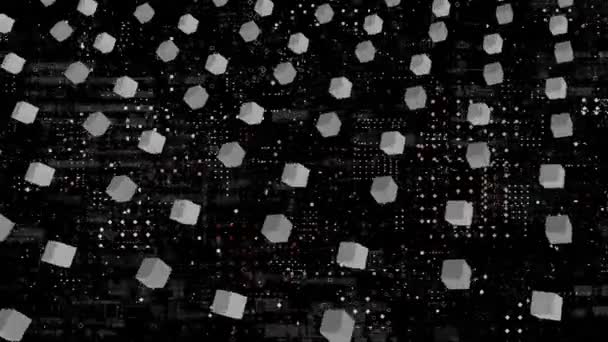 黒の背景に浮かぶ白い四角と立方体の組み合わせのアニメーション グローバルなオンラインセキュリティコンセプト — ストック動画