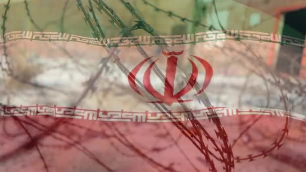 イランの国旗に鉄条網のアニメーションが手を振っている Covid 19コロナウイルスパンデミック旅行制限デジタル複合体 — ストック動画