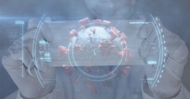 Dürbün taramasının dijital çizimi, yüz maskesi tutan bir doktorun üzerinde makro Covid-19 hücresi bulmak. Coronavirus Covid-19 dijital olarak üretilen pandemik konsept