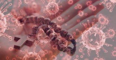 Makro Covid-19 hücrelerinin dijital bir illüstrasyonu. Kafkasyalı bir elin üzerinde duran haçın üzerinde yüzüyorlar. Koronavirüs zamanına olan dini inanç küresel salgın konsepti, dijital kompozit.