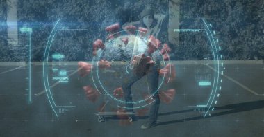 Kapsam taramasının dijital çizimi, yüz maskesi takan bir kadının üzerinde makro Covid-19 hücresi bulmak, kaykay yapmak. Coronavirus Covid-19 dijital olarak üretilen pandemik konsept